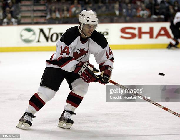 Brian Gionta of the New Jersey Devils during a game against the Philadelphia Flyers at the Wachovia Center in Philadelphia, Pennsylvania on...