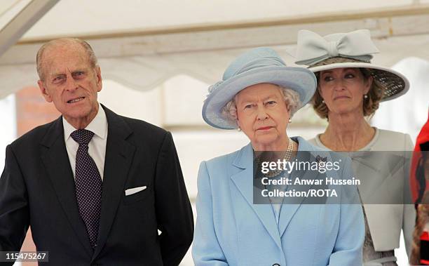 Queen Elizabeth II and Prince Philip, Duke of Edinburgh visit Romsey Abbey with Lady Braybourne for a service to commemorate the 400th anniversary of...