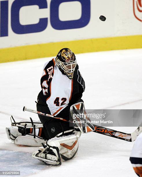 Flyers goalie Robert Esche makes a second period save at the Wachovia Center in Philadelphia, Pa. On Wednesday, February 8th, 2006.