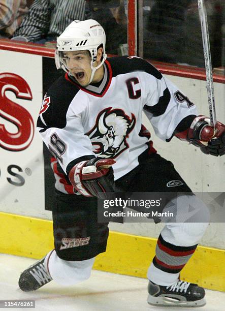 Sabres center Daniel Briere celebrates after scoring a third period goal during Game 4, Eastern Conference Quarterfinals at The Wachovia Center in...