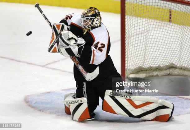 Flyers goalie Robert Esche makes a third period save during Game 4, Eastern Conference Quarterfinals at The Wachovia Center in Philadelphia, Pa. On...