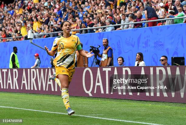 Sam Kerr of Australia celebrates after scoring her team's first goal during the 2019 FIFA Women's World Cup France group C match between Australia...