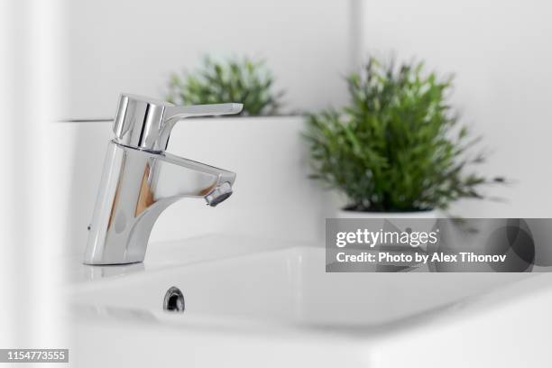 closeup faucet and white basin at home - bathroom pot plant stock pictures, royalty-free photos & images