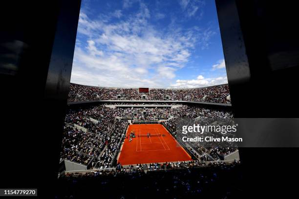 General view inside Court Philippe Chatrier ahead of the mens singles final between Rafael Nadal of Spain and Dominic Thiem of Austria during Day...