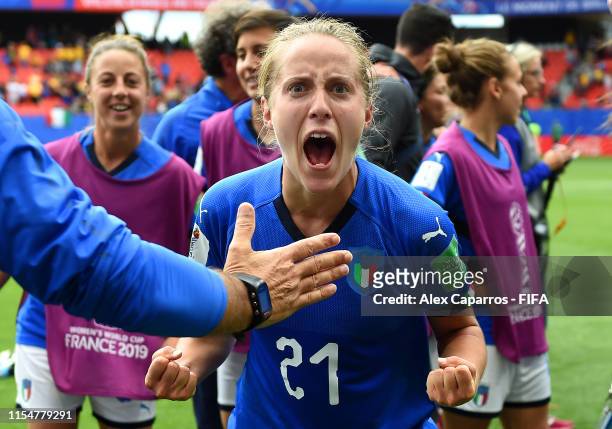 Valentina Cernoia of Italy celebrates following victory in the 2019 FIFA Women's World Cup France group C match between Australia and Italy at Stade...