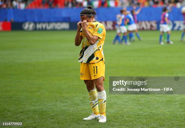 Lisa De Vanna of Australia looks dejected following her sides defeat in the 2019 FIFA Women's World Cup France group C match between Australia and...