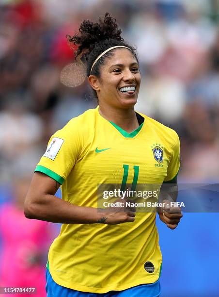 Cristiane of Brazil celebrates after scoring her team's first goal during the 2019 FIFA Women's World Cup France group C match between Brazil and...