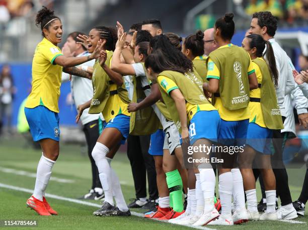 Cristiane of Brazil celebrates with teammates after scoring her team's first goal during the 2019 FIFA Women's World Cup France group C match between...