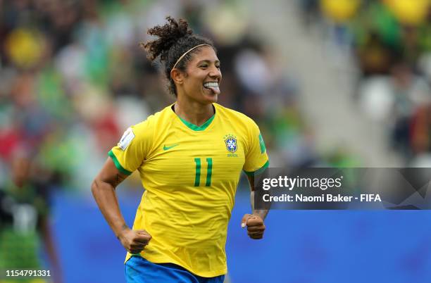 Cristiane of Brazil celebrates after scoring her team's second goal during the 2019 FIFA Women's World Cup France group C match between Brazil and...