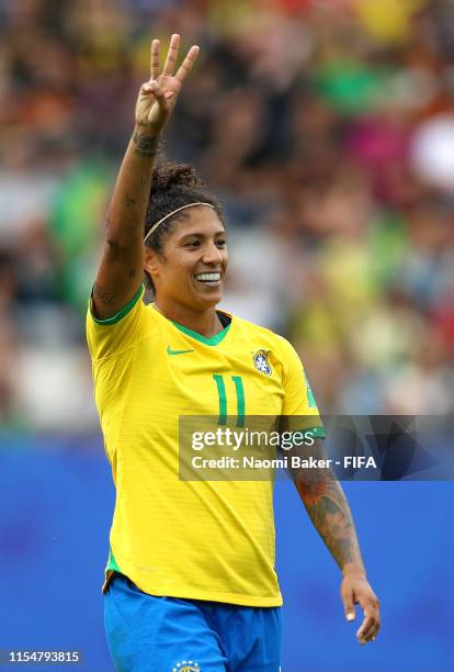 Cristiane of Brazil celebrates after scoring her team's third goal during the 2019 FIFA Women's World Cup France group C match between Brazil and...