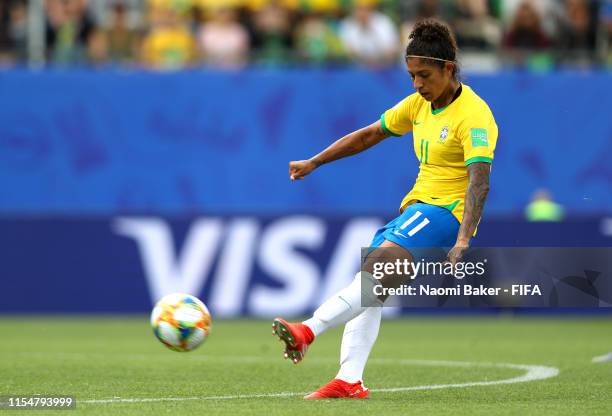Cristiane of Brazil scores her team's third goal during the 2019 FIFA Women's World Cup France group C match between Brazil and Jamaica at Stade des...