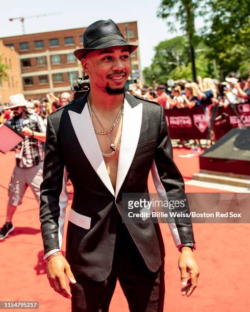 Mookie Betts of the Boston Red Sox poses during the 2019 Major League Baseball All-Star Game Red Carpet event at Progressive Field on July 9, 2019 in...