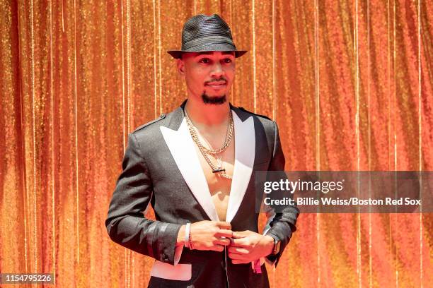 Mookie Betts of the Boston Red Sox poses during the 2019 Major League Baseball All-Star Game Red Carpet event at Progressive Field on July 9, 2019 in...