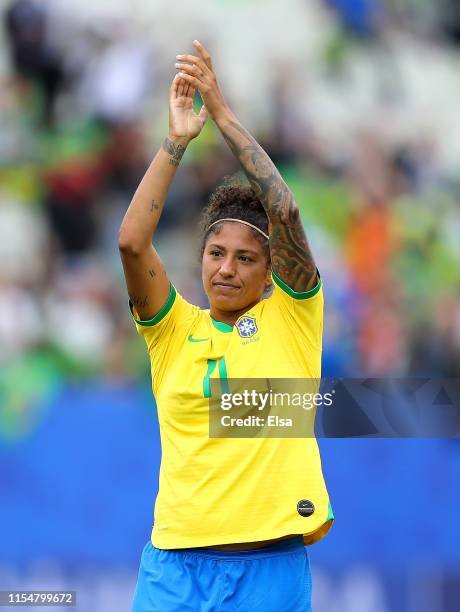 Cristiane of Brazil acknowledges the fans following the 2019 FIFA Women's World Cup France group C match between Brazil and Jamaica at Stade des...