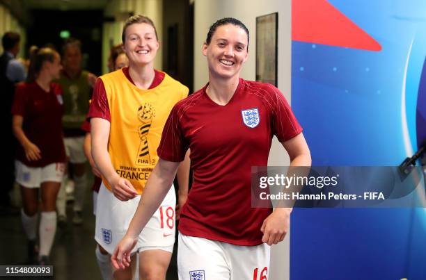 Jade Moore of England walks out for the warm up prior to the 2019 FIFA Women's World Cup France group D match between England and Scotland at Stade...