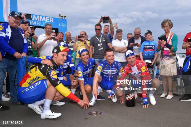 Podium / Dries Devenyns of Belgium and Team Deceuninck - Quick Step / Remco Evenepoel of Belgium and Team Deceuninck - Quick Step / Fabio Jakobsen of...