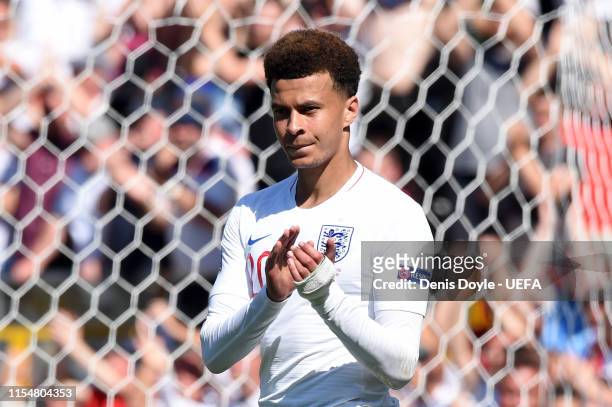Dele Alli of England acknowledges the fans following the UEFA Nations League Third Place Playoff match between Switzerland and England at Estadio D....