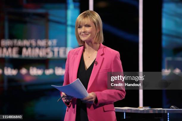 In this handout image provided by ITV, Host Julie Etchingham takes part in the Jeremy Hunt and Boris Johnson debate Head To Head on ITV on July 9,...