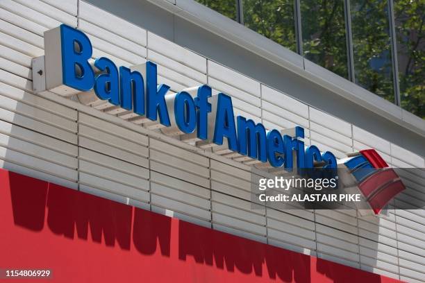 The Bank of America logo is seen outside a branch in Washington, DC, on July 9, 2019.