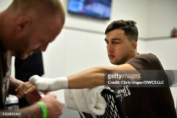 Jacob Rosales has his hands wrapped prior to his lightweight bout against Jonathan Pearce during Dana White's Contender Series at the UFC Apex on...