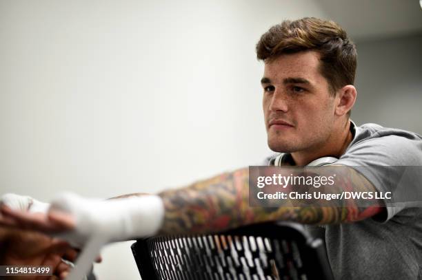 James Wallace has his hands wrapped prior to his lightweight bout against Joe Solecki during Dana White's Contender Series at the UFC Apex on July 9,...