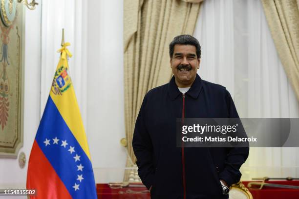 Nicolas Maduro President of Venezuela smiles prior a meeting with EU special adviser for Venezuela Enrique Iglesias at Miraflores Government Palace...