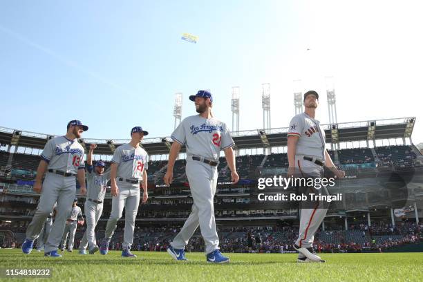 Clayton Kershaw of the Los Angeles Dodgers, Will Smith of the San Francisco Giants are seen on the field prior to the 90th MLB All-Star Game at...
