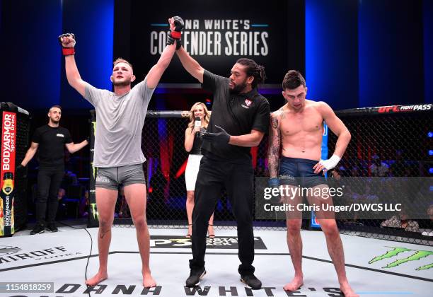 Jonathan Pearce celebrates after his knockout victory over Jacob Rosales in their lightweight bout during Dana White's Contender Series at the UFC...