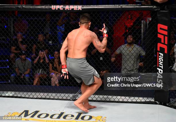Maki Pitolo celebrates after his TKO victory over Justin Sumter in their middleweight bout during Dana White's Contender Series at the UFC Apex on...