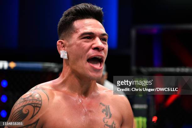 Maki Pitolo celebrates after his TKO victory over Justin Sumter in their middleweight bout during Dana White's Contender Series at the UFC Apex on...