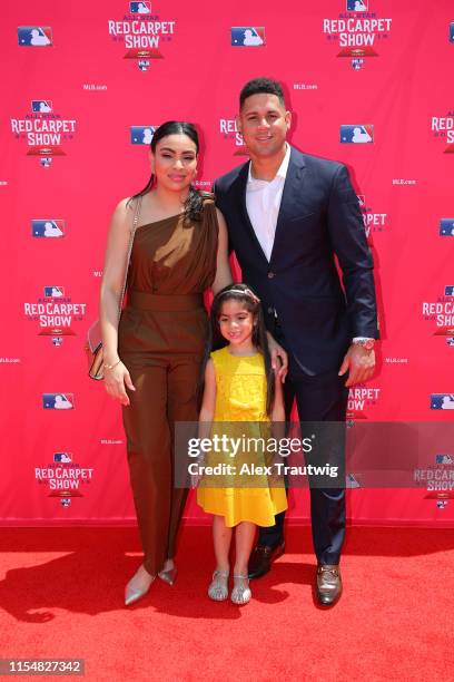 Gary Sanchez of the New York Yankees poses with his family during the MLB Red Carpet Show presented by Chevrolet at Progressive Field on Tuesday,...