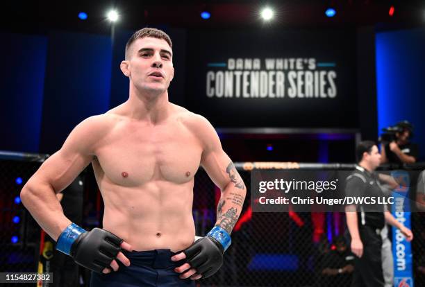 Joe Solecki celebrates after his victory over James Wallace in their lightweight bout during Dana White's Contender Series at the UFC Apex on July 9,...