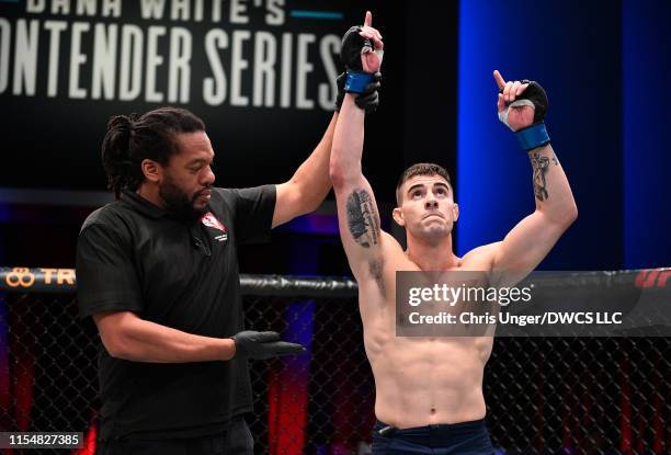 Joe Solecki celebrates after his victory over James Wallace in their lightweight bout during Dana White's Contender Series at the UFC Apex on July 9,...