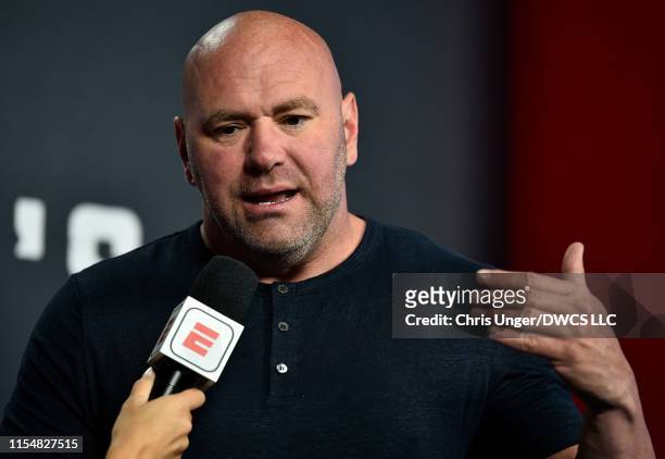 President Dana White announces his selections for contract winners during week three of Dana White's Contender Series at the UFC Apex on July 9, 2019...
