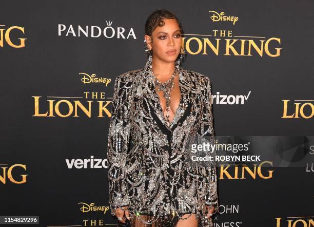 Singer/songwriter Beyonce arrives for the world premiere of Disney's "The Lion King" at the Dolby theatre on July 9, 2019 in Hollywood.