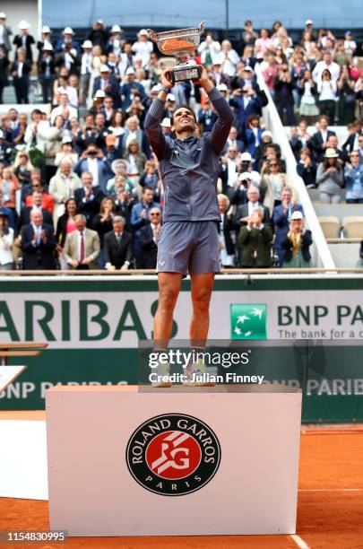 Rafael Nadal of Spain celebrates with the trophy following the mens singles final against Dominic Thiem of Austria during Day fifteen of the 2019...