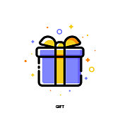 Icon of gift box which symbolizes delightful present or wonderful surprise for money-saving shopping concept. Flat filled outline style. Pixel perfect 64x64. Editable stroke