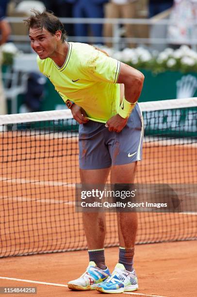 Rafael Nadal of Spain celebrates victory following the mens singles final against Dominic Thiem of Austria during Day fifteen of the 2019 French Open...