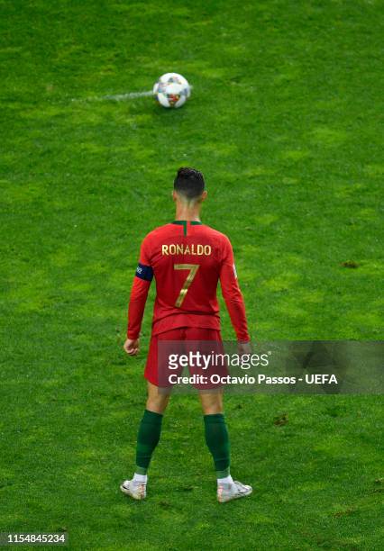 Cristiano Ronaldo of Portugal prepares to take a free kick during the UEFA Nations League Final between Portugal and the Netherlands at Estadio do...