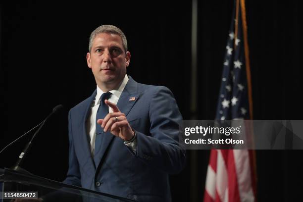 Democratic presidential candidate and Ohio congressman Tim Ryan speaks at the Iowa Democratic Party's Hall of Fame Dinner on June 9, 2019 in Cedar...