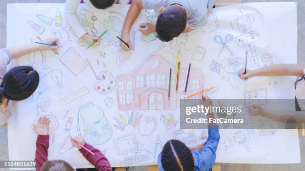 kids drawing back to school mural - coloring in stock pictures, royalty-free photos & images