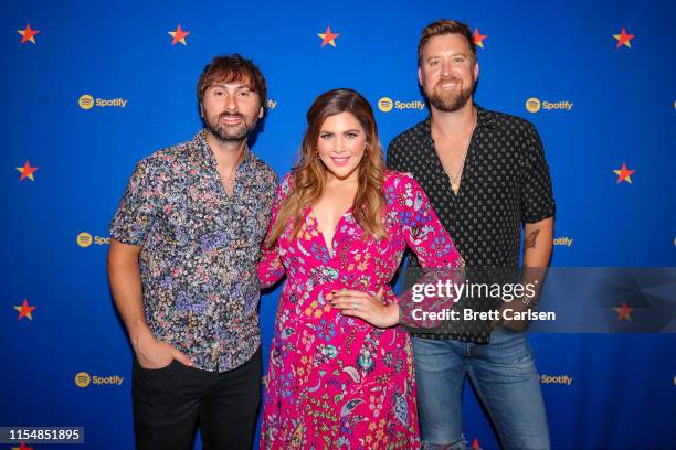 Dave Haywood, Hillary Scott, and Charles Kelley of Lady Antebellum visit Spotify House during CMA Fest at Ole Red on June 09, 2019 in Nashville,...