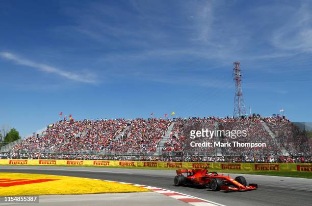 Sebastian Vettel of Germany driving the Scuderia Ferrari SF90 on track during the F1 Grand Prix of Canada at Circuit Gilles Villeneuve on June 09,...
