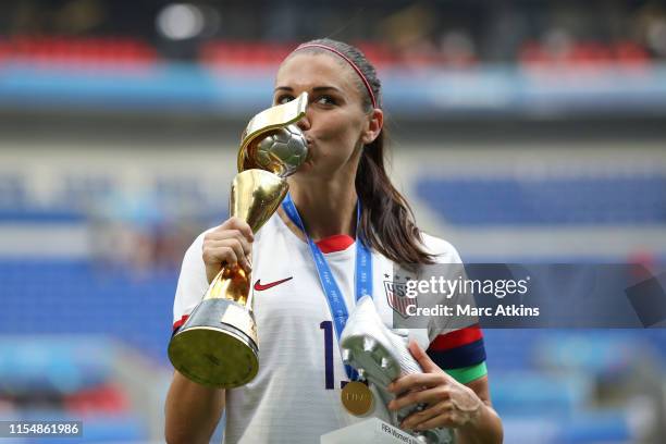 Alex Morgan of USA kisses the trophy during the 2019 FIFA Women's World Cup France Final match between The United States of America and The...