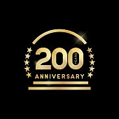 200th year anniversary golden emblem. Vector icon.