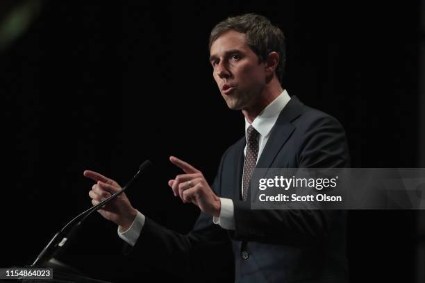 Democratic presidential candidate and former Texas congressman Beto O'Rourke speaks at the Iowa Democratic Party's Hall of Fame Dinner on June 9,...