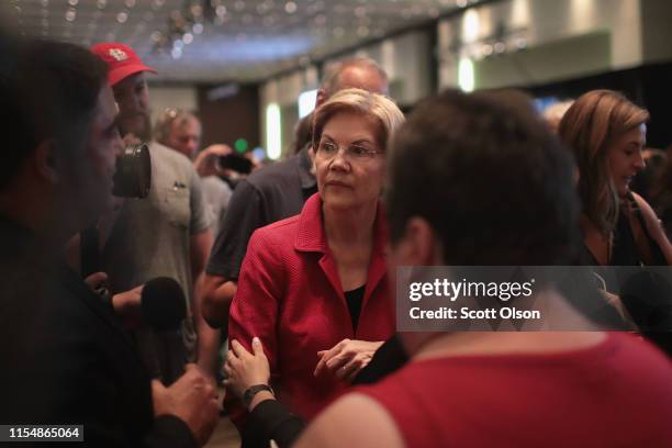 Democratic presidential candidate Senator Elizabeth Warren speaks to supporters at the Iowa Democratic Party's Hall of Fame Dinner on June 9, 2019 in...