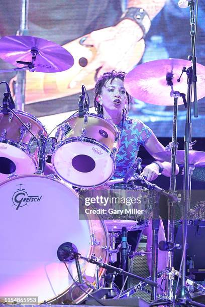 Cindy Blackman performs in concert with her husband Carlos Santana at Austin360 Amphitheater on July 9, 2019 in Austin, Texas.