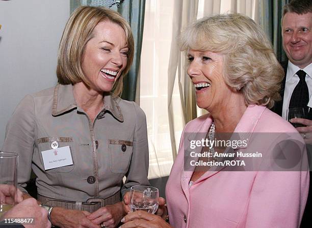 Camilla, Duchess of Cornwall shares a joke with Mary Nightingale during a reception for the Royal Television Society at Clarence House in London on...