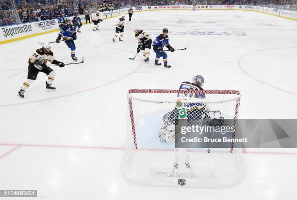 Jordan Binnington of the St. Louis Blues allows a third period goal to Brandon Carlo of the Boston Bruins in Game Six of the 2019 NHL Stanley Cup...